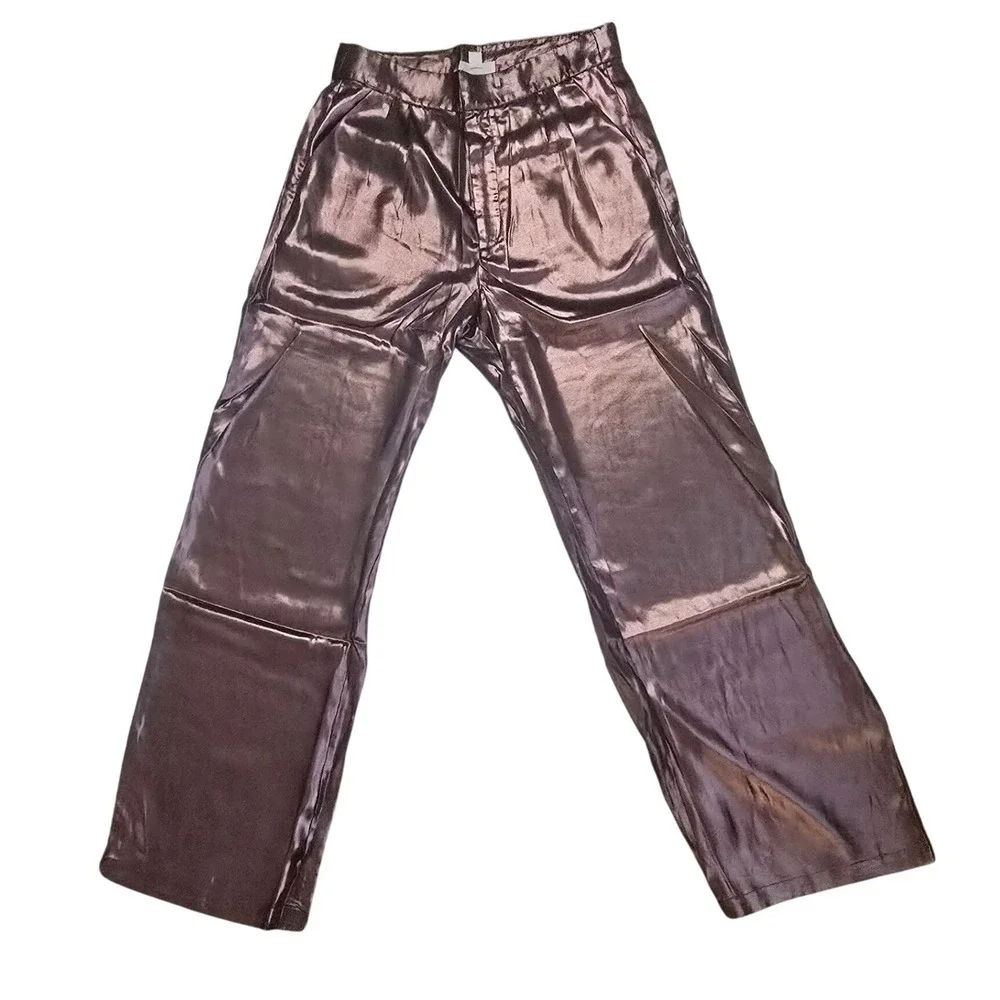 Allison New York Joan Lame Pants Rose Gold Metallic Wide Leg Trousers Medium